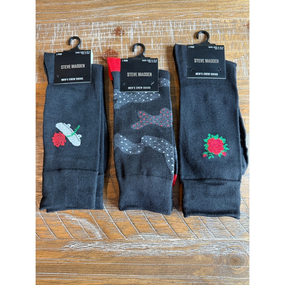 NWT Steve Madden Mens Crew Socks LOT Rose Skateboard Grey Black 6-12.5 Novelty